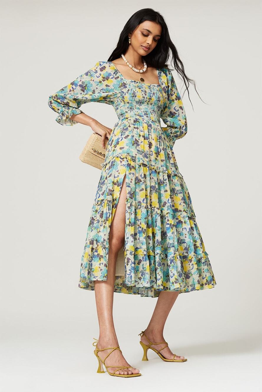 LoveShackFancy Blue Capri Floral Print Smocked 3/4 Sleeve Midi Dress Size Medium